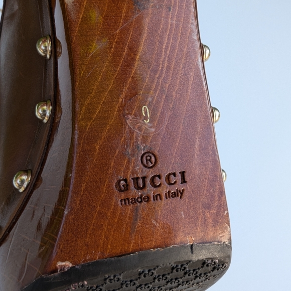 Gucci Brown Leather Mules with Metallic Gold Studs - Picture 8 of 13